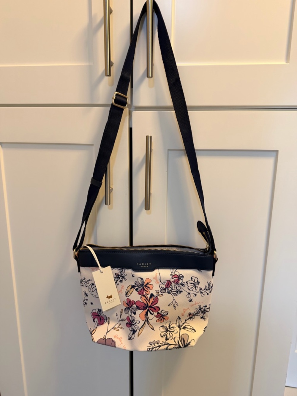 RADLEY LONDON Floral Crossbody in Navy and Cream with Pink Accents